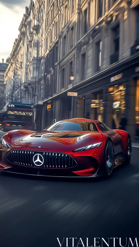 Red hypercar accelerates through urban boulevard with motion blur