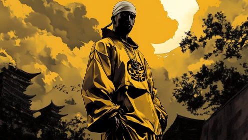 Urban figure in yellow hoodie under bold moonlit sky.