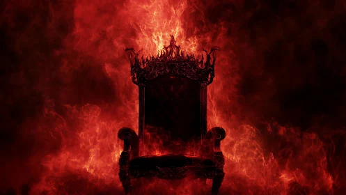 Ornate throne silhouette engulfed in red and orange flame.