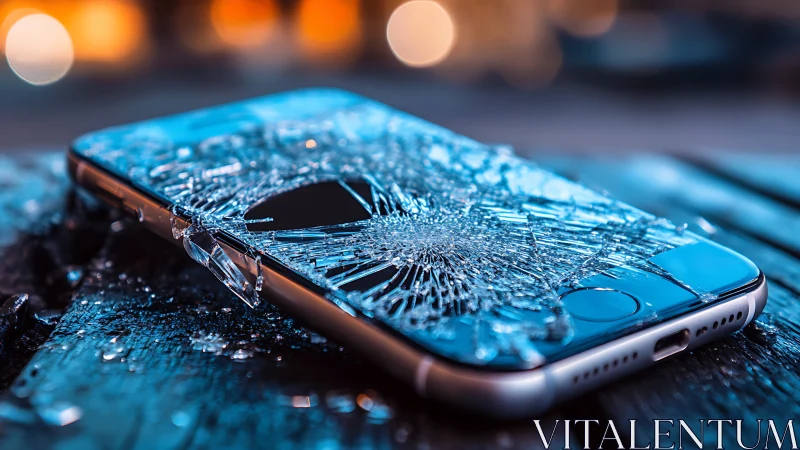 Shattered phone dreaming in neon-blue urban puddles.