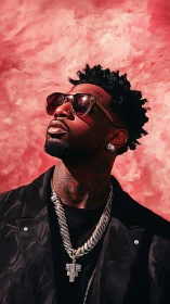 Portrait shows male subject with jewelry against red backdrop