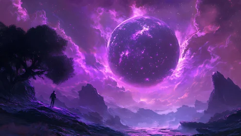 Lone traveler gazes at vast violet cosmic sphere in stormy sky