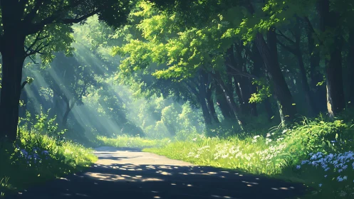 Sunlit Forest Path Through Towering Trees.