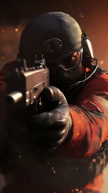 Tactical shooter aims rifle through embers in close-up view