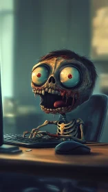 Undead office gamer skeleton at computer workstation desk.