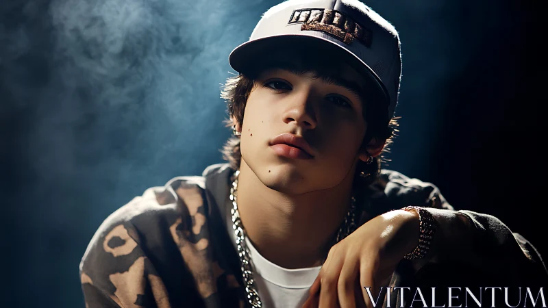 Moody streetwear daydream under smoky studio glow.