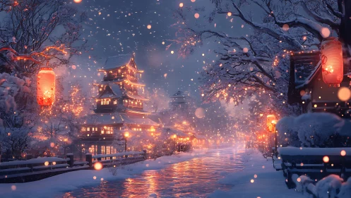 Snowy Japanese lantern street glows under winter twilight.