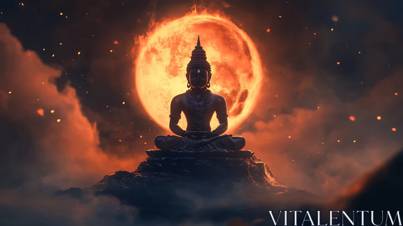 Buddha statue in meditation before a burning orange moon.