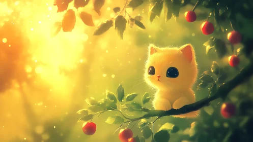 Small yellow kitten sits on tree branch in glowing light