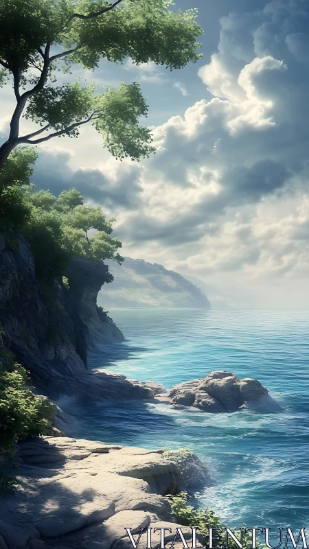 Sunlit cliffside cove where quiet waves meet soft clouds.