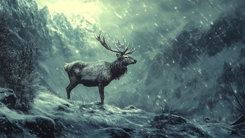 Storm‑crowned stag guarding a moonlit glacier pass.