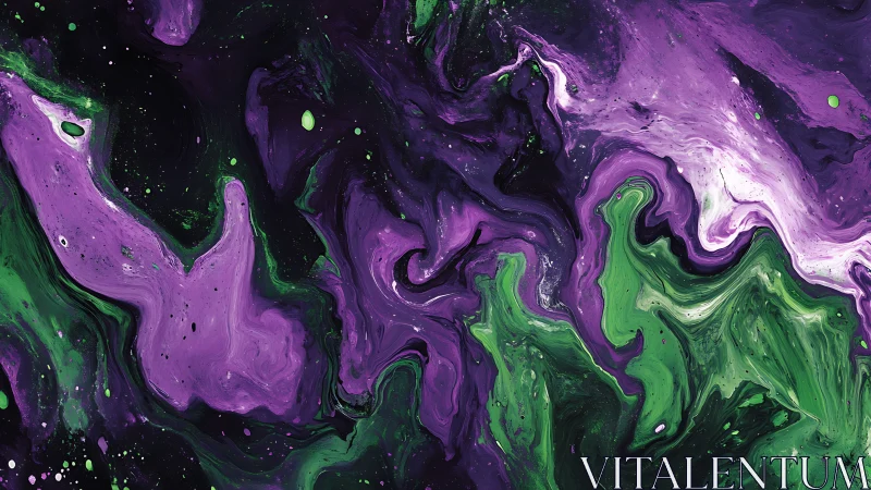 Vibrant purple green fluid abstraction on dark ground.