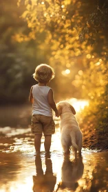 Child and dog stand in golden river light at sunset.