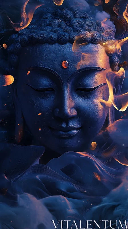 Luminous blue Buddha sculpture enveloped in volumetric fire clouds