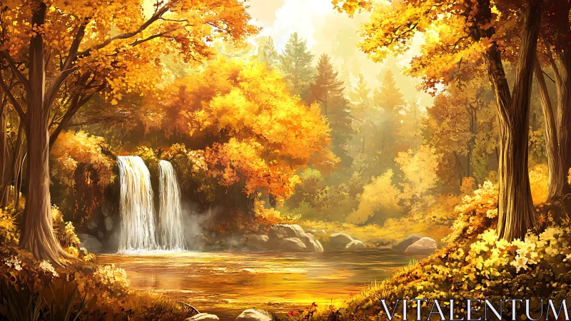 Cascading Waterfall in Golden Autumn Forest Landscape.