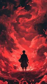 Lone warrior strolls through swirling crimson storm of fire.