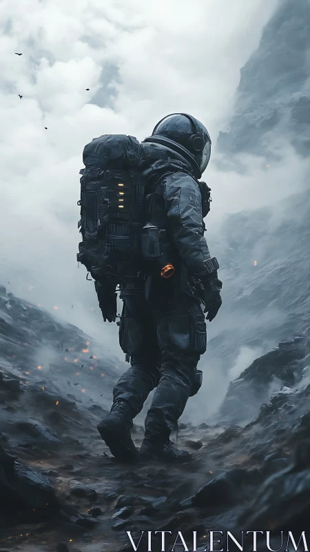 Extravehicular explorer on volcanic ridge in dense toxic fog