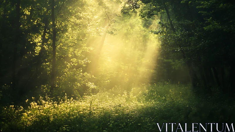 Sunlight streaming through lush green forest, tranquil nature scene.