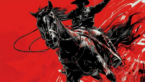 Galloping cowboy silhouette against fierce red stormscape.