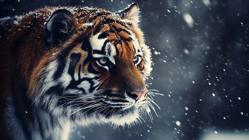 Snowlit tiger prowls through falling winter sparks of silence.