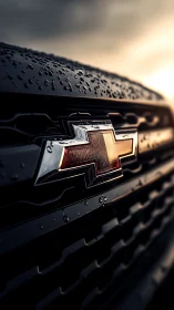 Chevrolet front grille close-up with water droplets at dusk.