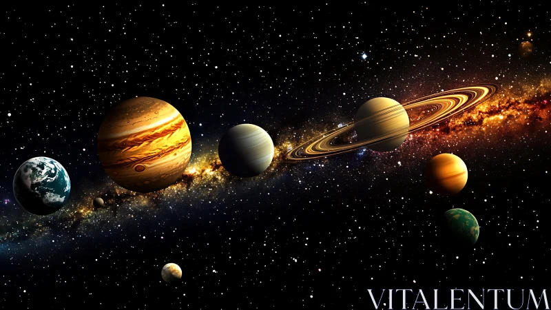 Planets align in a luminous star-filled cosmic panorama.