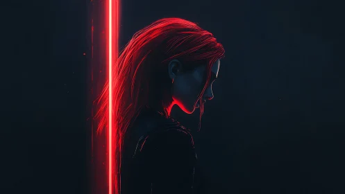 Red haired figure in profile lit by vertical neon bar