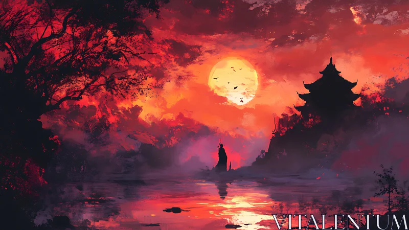 Crimson sunset over temple lake with lone cloaked wanderer.