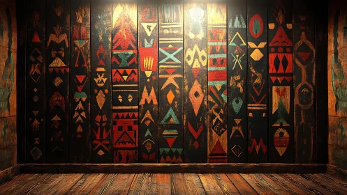 Geometric tribal wall panel glows warmly in rustic timber room