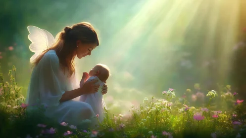 Ethereal fairy mother and child in luminous meadow tableau.