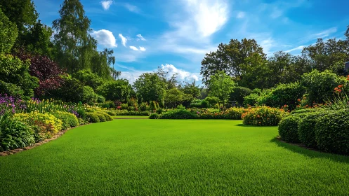 Sunlit garden lawn welcomes you with vibrant summer color