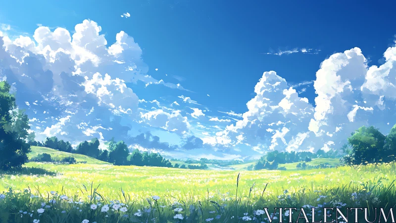 High-atmosphere cumulus over luminant meadow panorama.