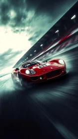 Crimson racer slicing through a storm-soaked night track.