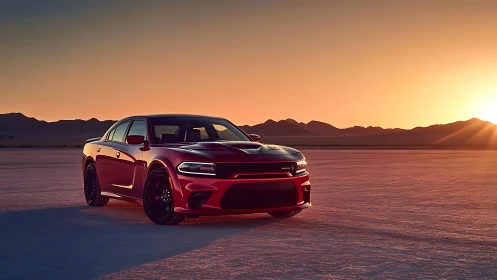 Red performance sedan on salt flat at low sunset light.