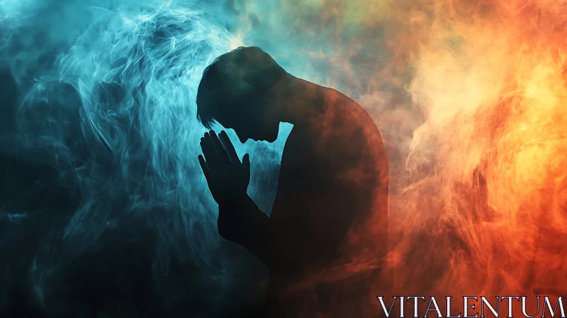 Silhouette of praying person amid blue and orange smoke.