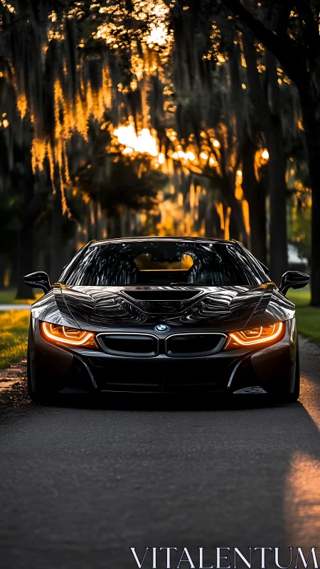 Black BMW sports car sits on tree lined road at sunset