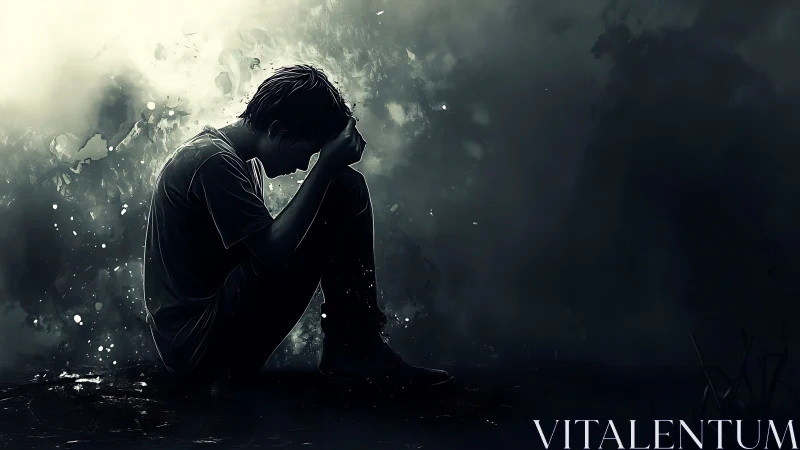 Solitary silhouette folds inward as stormy darkness blooms