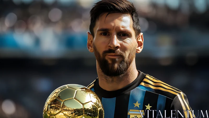Male footballer in striped jersey holding reflective gold trophy