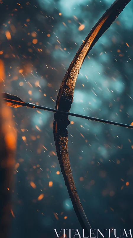 Cinematic close-up of drawn bow and arrow amid sparks.