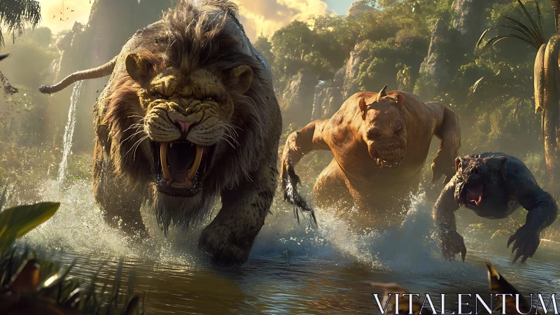 Primal Fury Unleashed: Three Beasts Charge Through Mystic Jungle Waters.