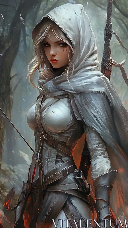 Hooded female ranger in fitted armor within forest setting.