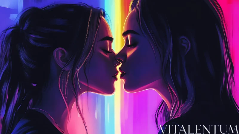 Two mirrored female profiles align against vertical neon light