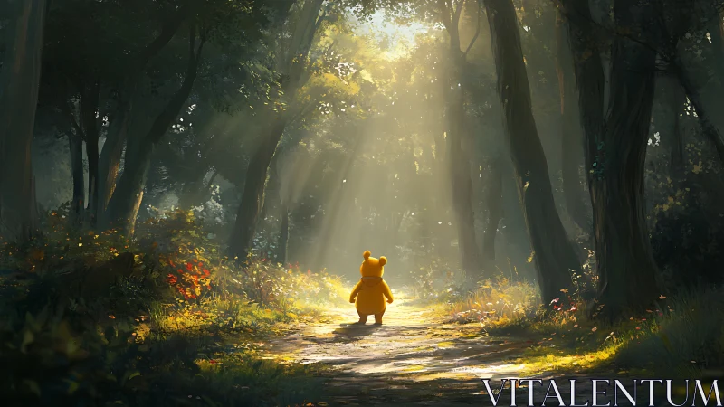 Yellow bear walks sunlit forest path toward glowing clearing