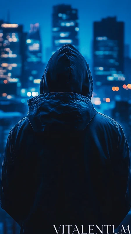 Hooded lone figure overlooks neon city skyline at night.