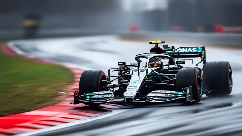 Formula One car slices through wet apex in dynamic motion