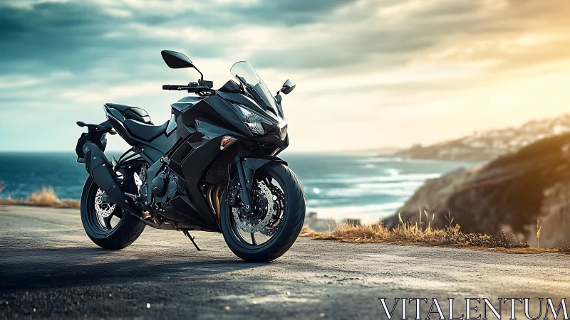 Sport motorcycle stands poised above a glowing coastal highway