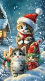 Festive Kittens in Winter Snow - Holiday Scene.