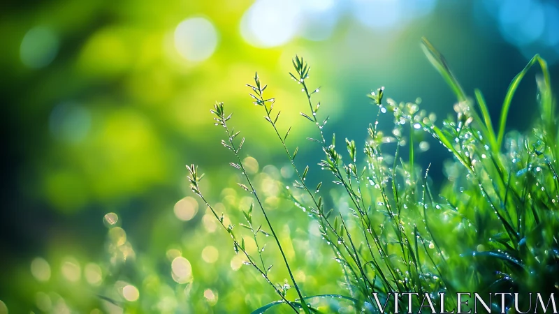 Dewlit meadow blades shimmer in a dreamy morning glow.