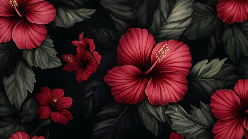 Red Hibiscus Flowers on Black Background