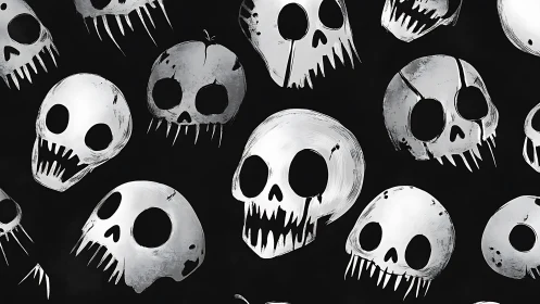 Monochrome stylized skull pattern on dark background surface.